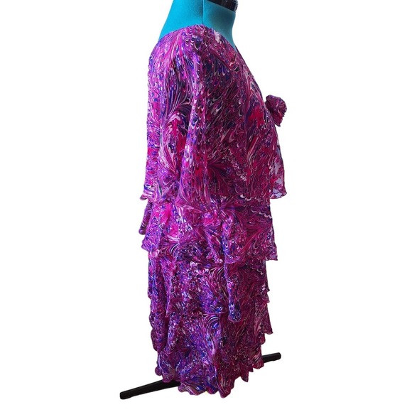 Vintage 70s/80s Hot Pink/Purple Swirl Ruffled Flutter Sleeve Dress Women Size L - Picture 7 of 10